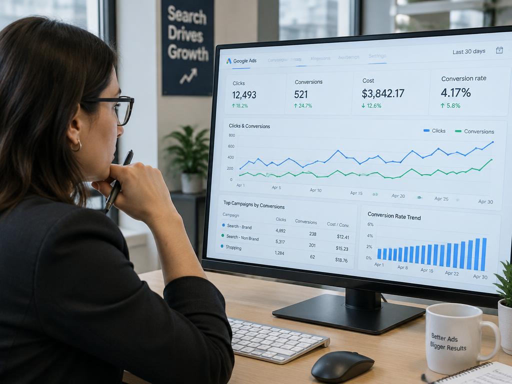 Especialista analisando métricas de campanha no Google Ads